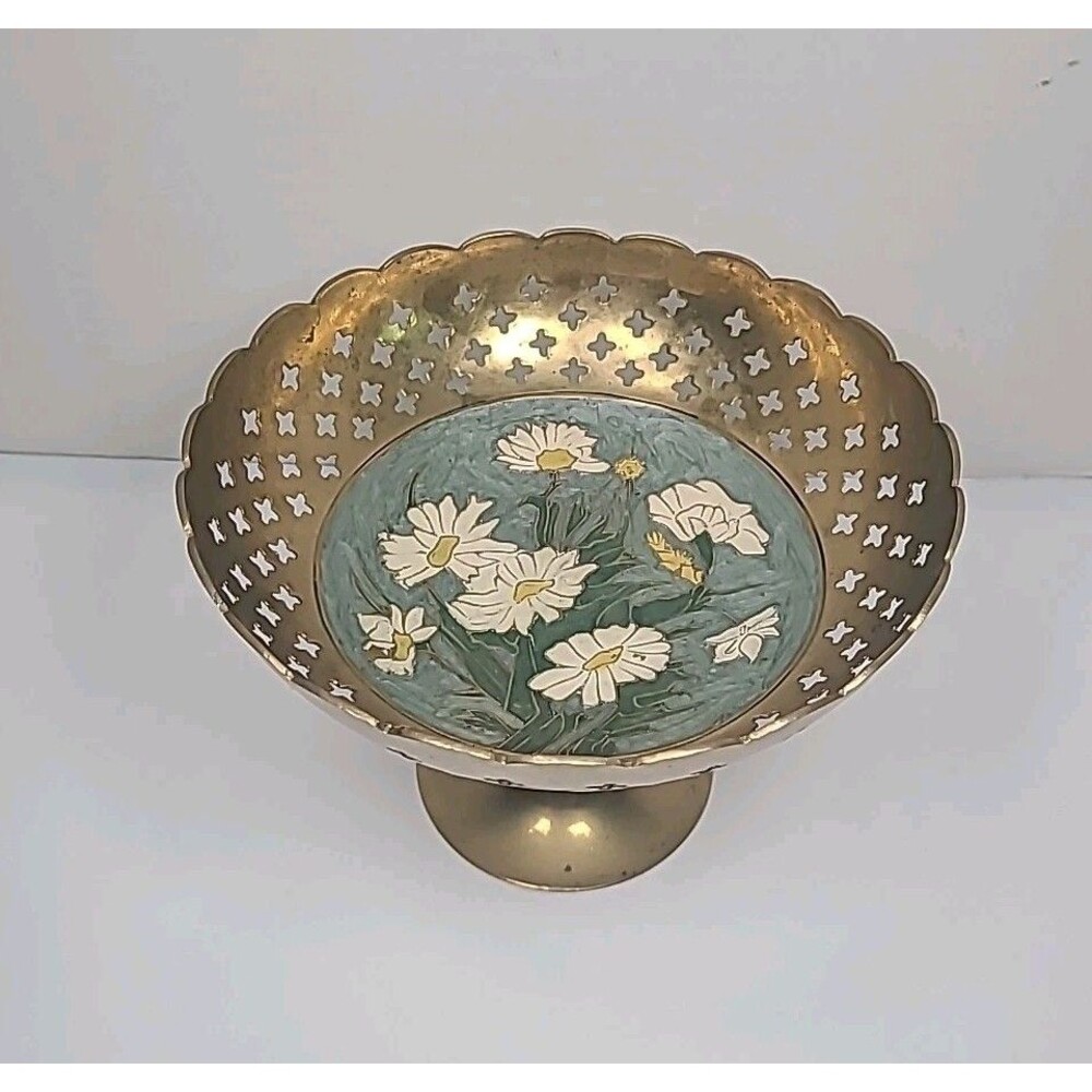Vintage Brass Pedestal Bowl/ Dish With Painted Flowers By Penco Industries